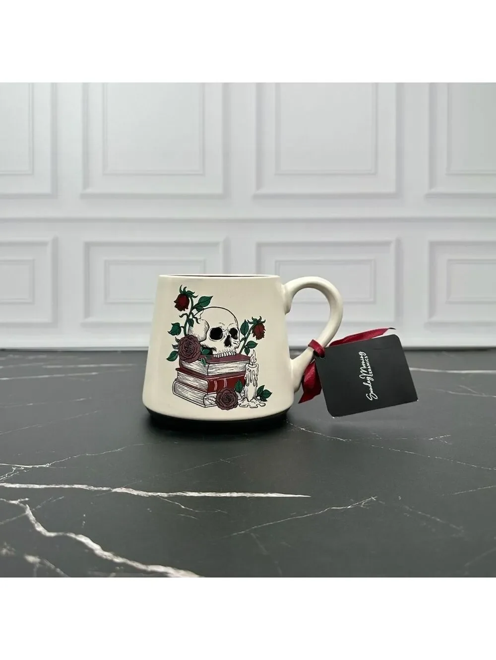 Sunday Morning Ceramics Mug with Skull, Books, and Roses Design Coffee Cup
